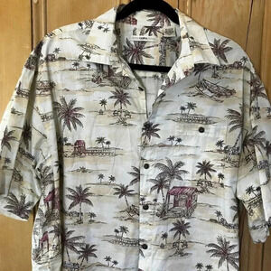 Moda Campia Moda Mens Vintage 90s Hawaiian Tiki Hut Shirt Size XL Beige SP EXC